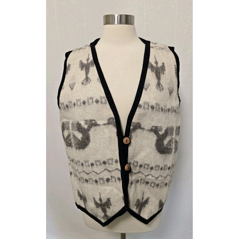Womens Vintage Wool Blend Vest Made in Andes Peru Size Large Black White Ethnic